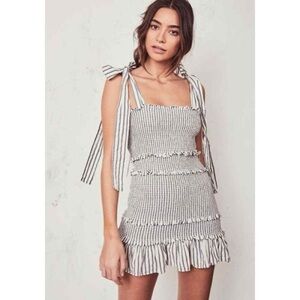 LoveShackFancy Belle Stripe Smocked Cotton Mini Dress – Grey/White – Size S